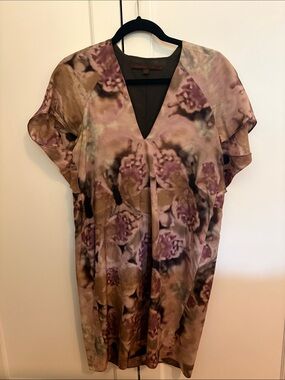 A Common Thread Cotton Silk Floral Print V-Neck Midi Dress in Lavender and Taupe